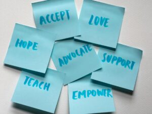 handwrting letters on blue sticky notes